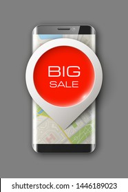 City map route phone navigation "Big Sale", phone point marker, application drawing schema, city plan GPS navigation tablet, itinerary destination arrow city map. Route check point Big Sale smartphone