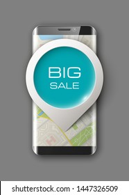 City map route phone navigation "Big Sale", phone point marker, application drawing schema, city plan GPS navigation tablet, itinerary destination arrow city map. Route check point Big Sale smartphone