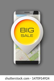 City map route phone navigation "Big Sale", phone point marker, application drawing schema, city plan GPS navigation tablet, itinerary destination arrow city map. Route check point Big Sale smartphone