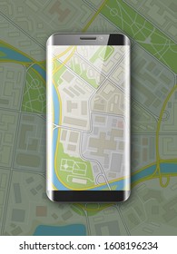 City map route phone navigation, phone application drawing schema, city plan GPS navigation tablet, itinerary destination arrow city map. Route check point smartphone