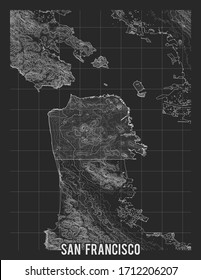 City map of San Francisco. Vector elevation map of town. Generated conceptual surface relief map. Detailed geographic elegant landscape scheme. Topographic outline poster.