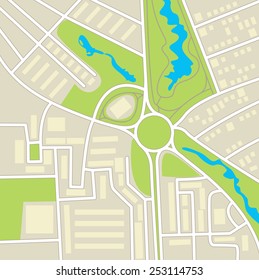 City map. Schematic cartographic representation of roads, homes, vegetation and ponds