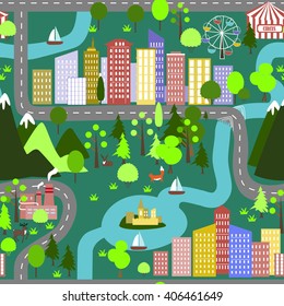 City map seamless pattern. City background with buildings, road, forest, river, and mountains. 