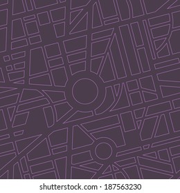 City map seamless pattern. Purple noir style. Endless backdrop, with roads. Use for wallpaper, pattern fills, web page background, surface textures. Easy to edit. Vector illustration - EPS10.