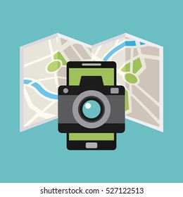 city map with smartphone and camera icons over blue background. colorful design. travel and tourism concept. vector illustration