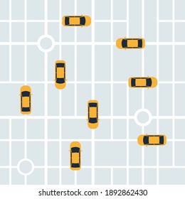 City map with taxi cars for smart mobile app. Top view. Vector illustration in flat style