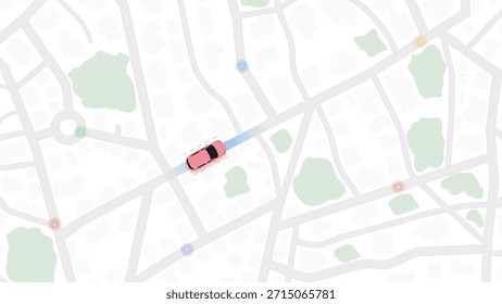Vista superior do mapa da cidade com ícone de carro e zonas de sinal de localização. Ilustração vetorial.