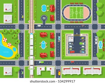 Afiche de la vista superior del mapa de la ciudad con casas de carreteras piscina campo de estacionamiento y plano del ferrocarril ilustración vectorial 