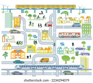 City map with traffic and houses, information illustration