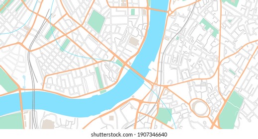 City map. Urban center with streets blocks and parks, town topography plan, GPS route mockup for navigation application. Top view of business downtown with river and road layout. Vector illustration