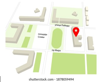 City map. Urban roads and residential areas. GPS navigation route with pointers. Vector image Victory Street, Glory Square, Mira Avenue.
