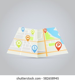 City Map Vector Illustration With Pins For Hospital, Bank, Parking Lot And Post Office