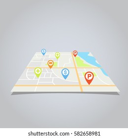 City Map Vector Illustration With Pins For Hospital, Bank, Parking Lot And Post Office