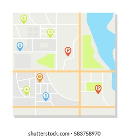 City map vector illustration with pins for hospital, bank, parking lot and post office