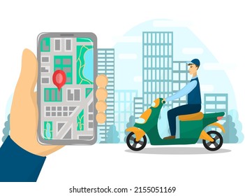 Imagen vectorial del mapa de la ciudad. Conductor de entrega en moto o motocicleta. Smartphone en mano con destino. Ilustración de la navegación y gps en pantalla. La ciudad al fondo