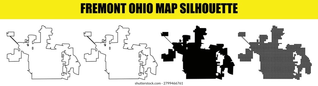 City map vector silhouette of Fremont Ohio. Set includes outline, stroke, solid black, and halftone dot variations. Ideal for travel designs, cartography projects, educational materials, and regional branding.