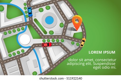 City map view from above with a lot of roads, cars and orange pin. It can be used for banners, brochures and info graphic