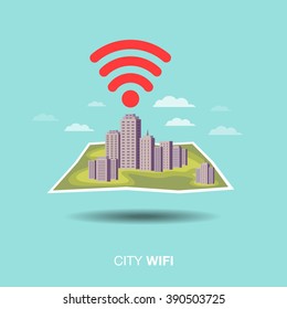 city map, wifi , flat design icon