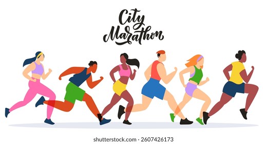 City marathon banner poster design elements. Colorful running people on white background. Vector flat illustration. Outdoor sport and healthy lifestyle concept