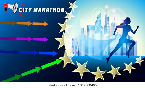 City Marathon banner, poster. Silhouette of a running woman against a city of skyscrapers. Megaphone and direction arrows. Realistic 3d vector illustration