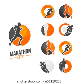 City marathon branding with run man silhouette in different poses