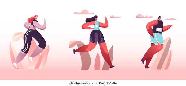 City Marathon. Group of Diverse People in Sports Wear Running on Nature Landscape Background. Summertime Outdoor Sport Activity. Healthy Lifestyle, Jogging and Sport. Cartoon Flat Vector Illustration