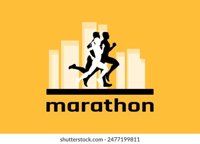 Logo de la maratón de la ciudad, gente corriendo en la ciudad