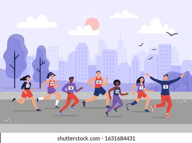 City marathon. People running together, athletic training and sport marathons runners vector illustration. Male and female sprinters taking part in sprint race against urban buildings on background.