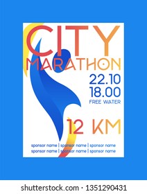 City marathon poster, banner vector illustration. Abstract person on background. Running competition. Long distance of 12 kilometers. Taking part in race. Date and time of event.