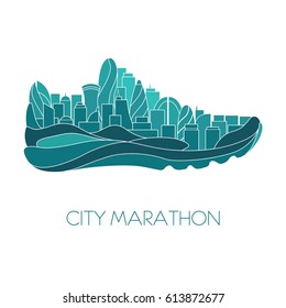 City marathon. Poster - running, sport shoe and the city. Vector illustration.