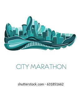 City Marathon. Poster - Running, Sport Shoe And The City. Vector Illustration