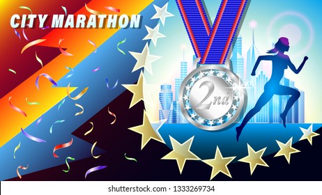 City Marathon silver medal for 1st place banner, poster. Silhouette of a running woman, against a city of skyscrapers. Falling confetti. Realistic 3d vector illustration