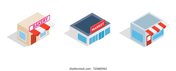 City market icon set. Isometric set of city market vector icons for web isolated on white background