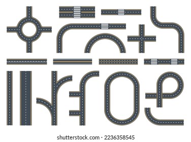 Stadtmarkierungen Straßen und Kreuzung. Asphalt Straßen, Autobahn Straße, Winden und Verkehrskreise, Autobahn Stadtplan flach Vektorgrafik Set. Straßenmarkierung