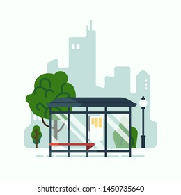 City mass transit system concept vector design element featuring bus stop with abstract cityscape in the background