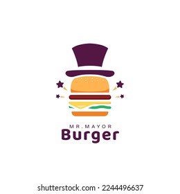 city mayor burger logo, unique burger restaurant logo with mayor hat in cartoon style illustration icon symbol