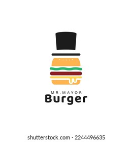 city mayor burger restaurant logo, burger with mayor hat icon logo illustration