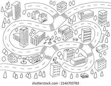 City maze graphic black white sketch top aerial view illustration vector