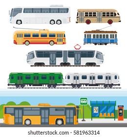 City means of transportation set. Types of buses, minibuses, railroad trains, trolleybuses using trolley poles, trackless tram, school buses and suburban trains. Vector illustration of transport cars