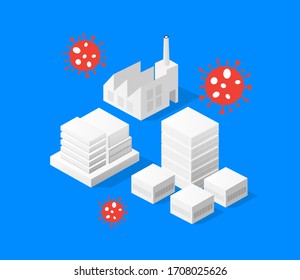 The city is in medicine quarantine because of danger of the virus pandemic epidemic. Stock vector medical illustration isometric 3D house and buildings
