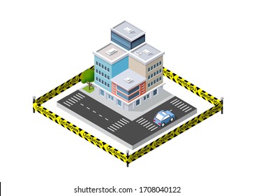 The city is in medicine quarantine because of danger of the virus pandemic epidemic. Stock vector medical illustration isometric 3D house and buildings
