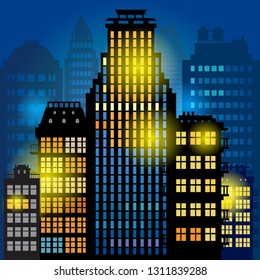 City megapolis skyline at night, vector illustration