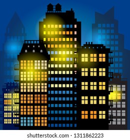 City megapolis skyline at night, vector illustration