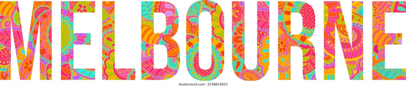 City of Melbourne text title design. Colorful floral doodle pattern lettering. Abstract text effect header design