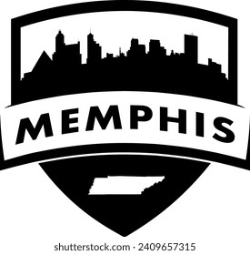 Ciudad de Memphis Tennessee estilo escudo blanco y negro de la ciudad edificios de la silueta de la silueta gráfico con contorno blanco knockout de la forma de frontera estatal bajo nombre. Diseño de vectores. 