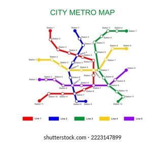 City metro map template. Subway plan with 5 colored way lines with stations. Infographic diagram of public rapid transport network isolated on white background. Vector illustration
