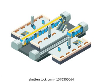 City metro station. Urban subway tunnel with railway train vector isometric low poly station background