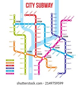 Metro de la ciudad, metro, metro, metro. Plan de líneas de estaciones de ferrocarril urbanas o plan vectorial. Planes o mapas de rutas de transporte de pasajeros de la ciudad metropolitana, infografías de la red de metro