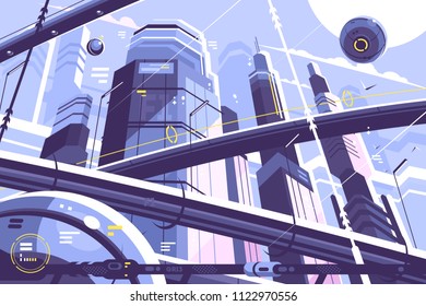 City Metropolis Of Future With Skyscrapers And Hyperloop. Vector Illustration