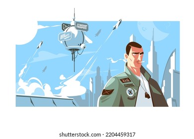 City metropolis of future with skyscrapers and starship troopers vector illustration. Futuristic cityscape flat style concept